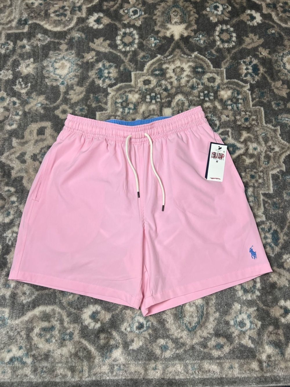 Classic Men’s Pink Athletic Shorts with Blue Logo